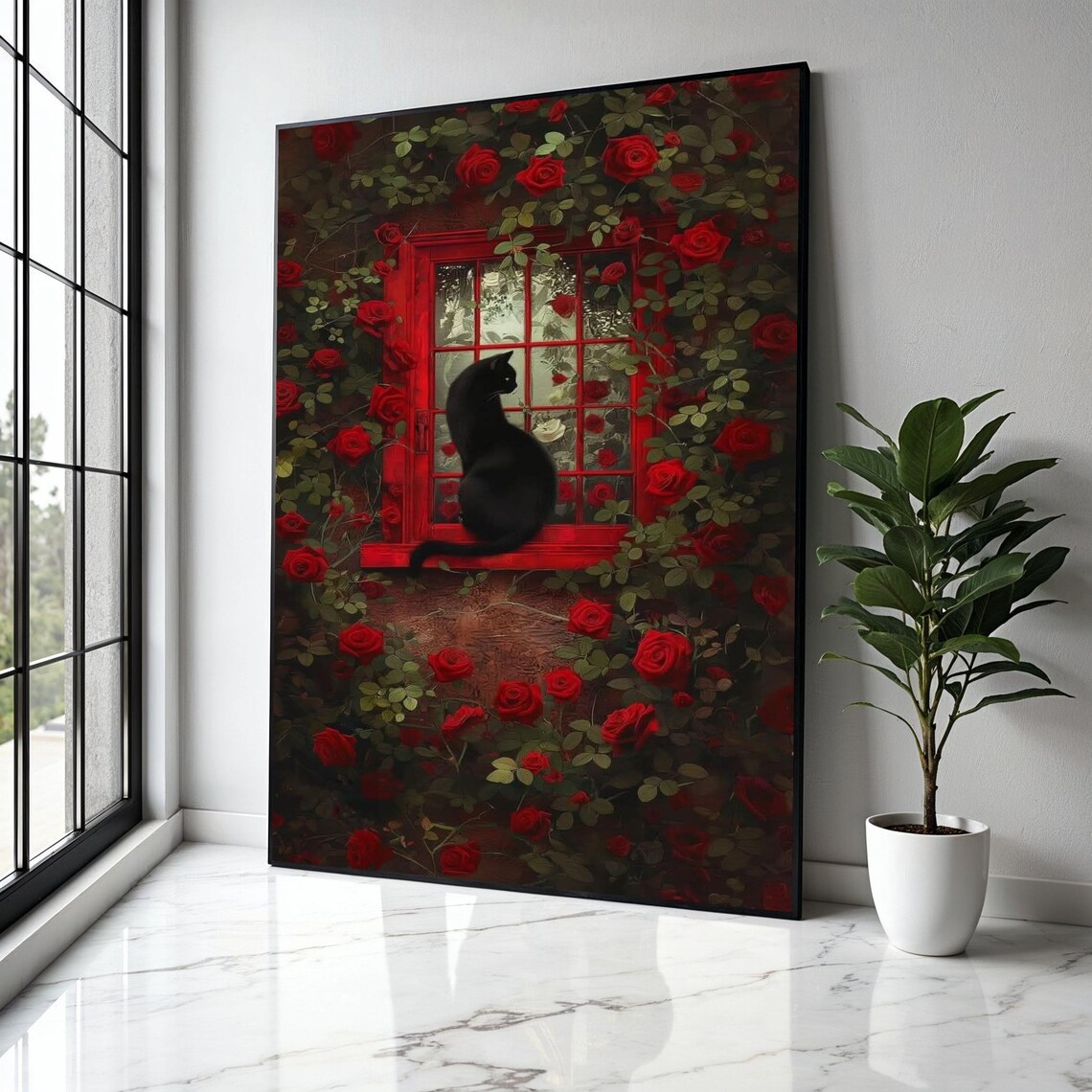 Black Cat On A Red Window Surrounded By Red Roses Gothic Style Art Poster