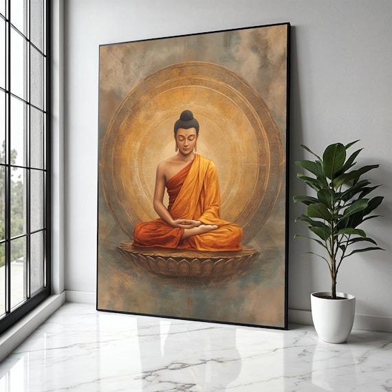 Buddha Meditating Lotus Pose Golden Halo Spiritual Art Poster