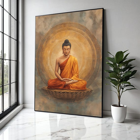 Meditating Buddha Canvas Wall Art Zen Spiritual Decor Orange Robe Buddhist Artwork Tranquil Meditation Gift Home Print