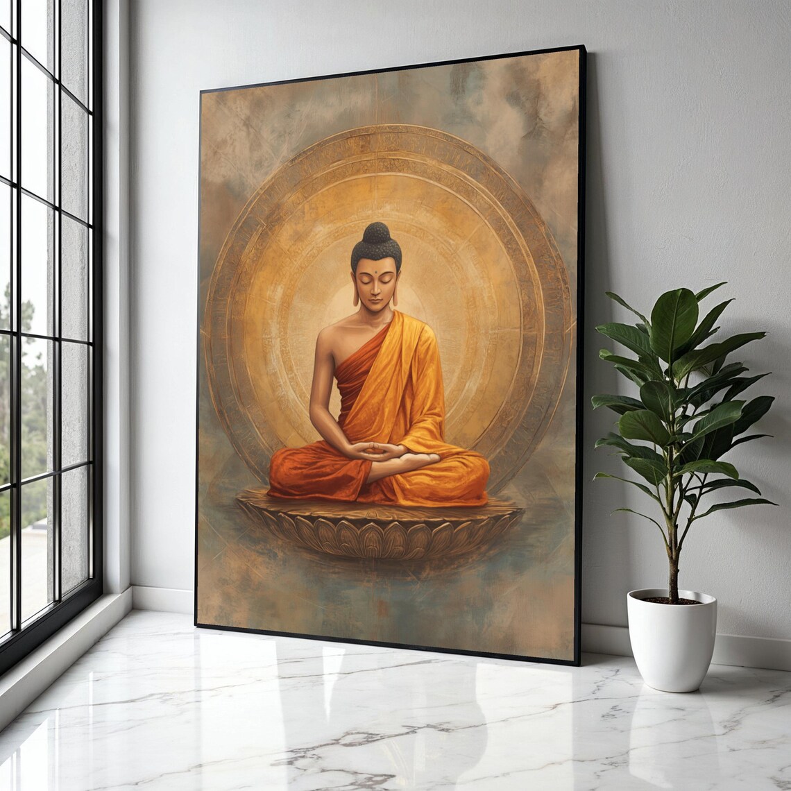 Buddha Meditating Lotus Pose Golden Halo Spiritual Art Poster