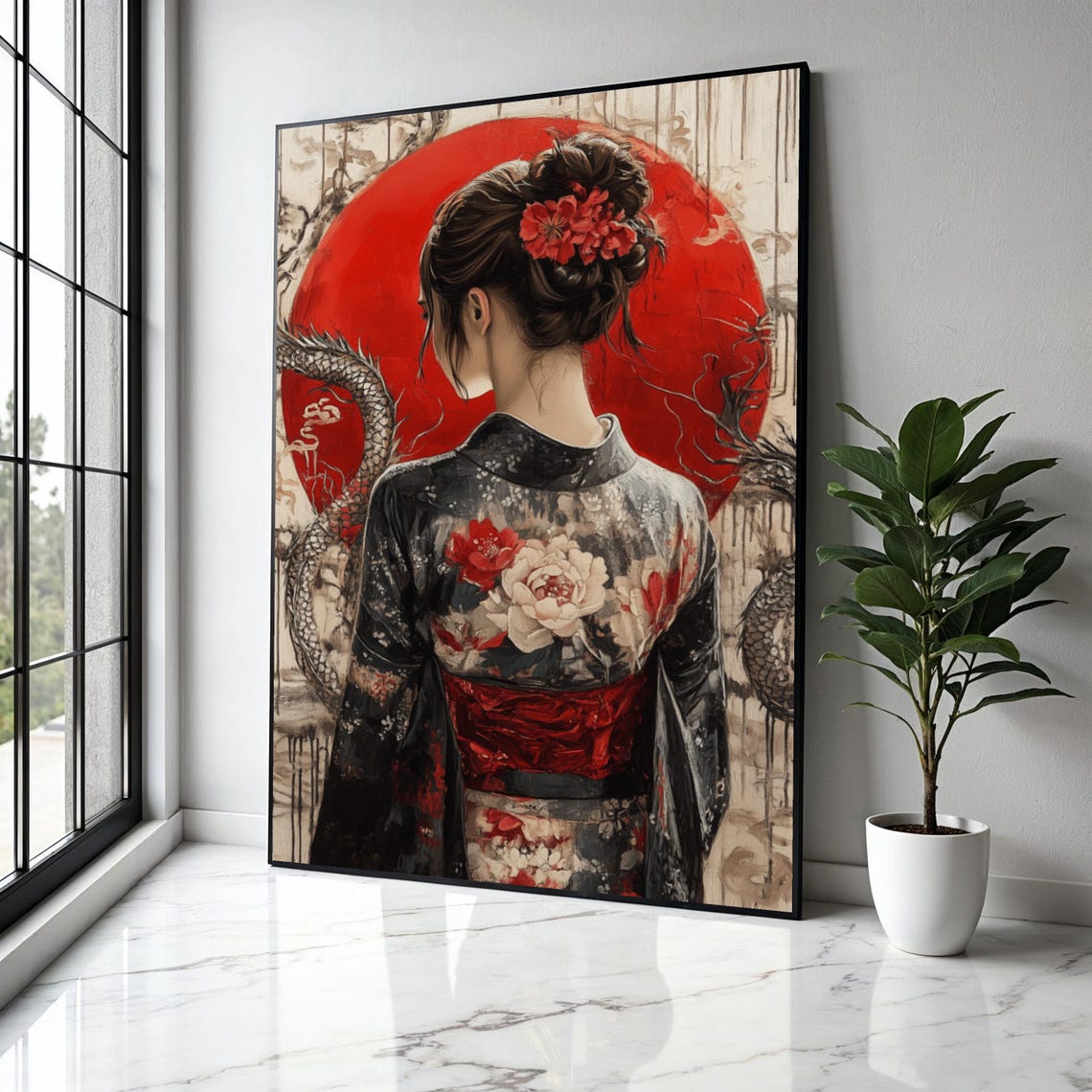 Geisha From Behind Floral Kimono Red Sun Dragon Japanese Poster