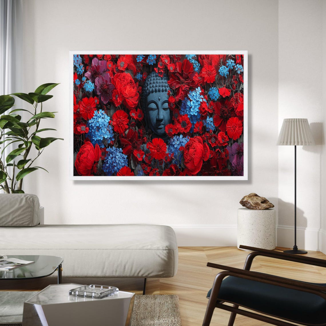 Serene Buddha Head Among Red And Blue Blooming Flowers Poster