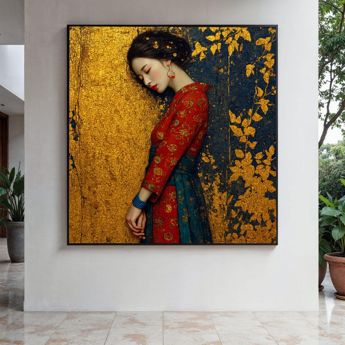 Asian Beauty Red Robe Gold Leaf Klimt Style Art Portrait Poster