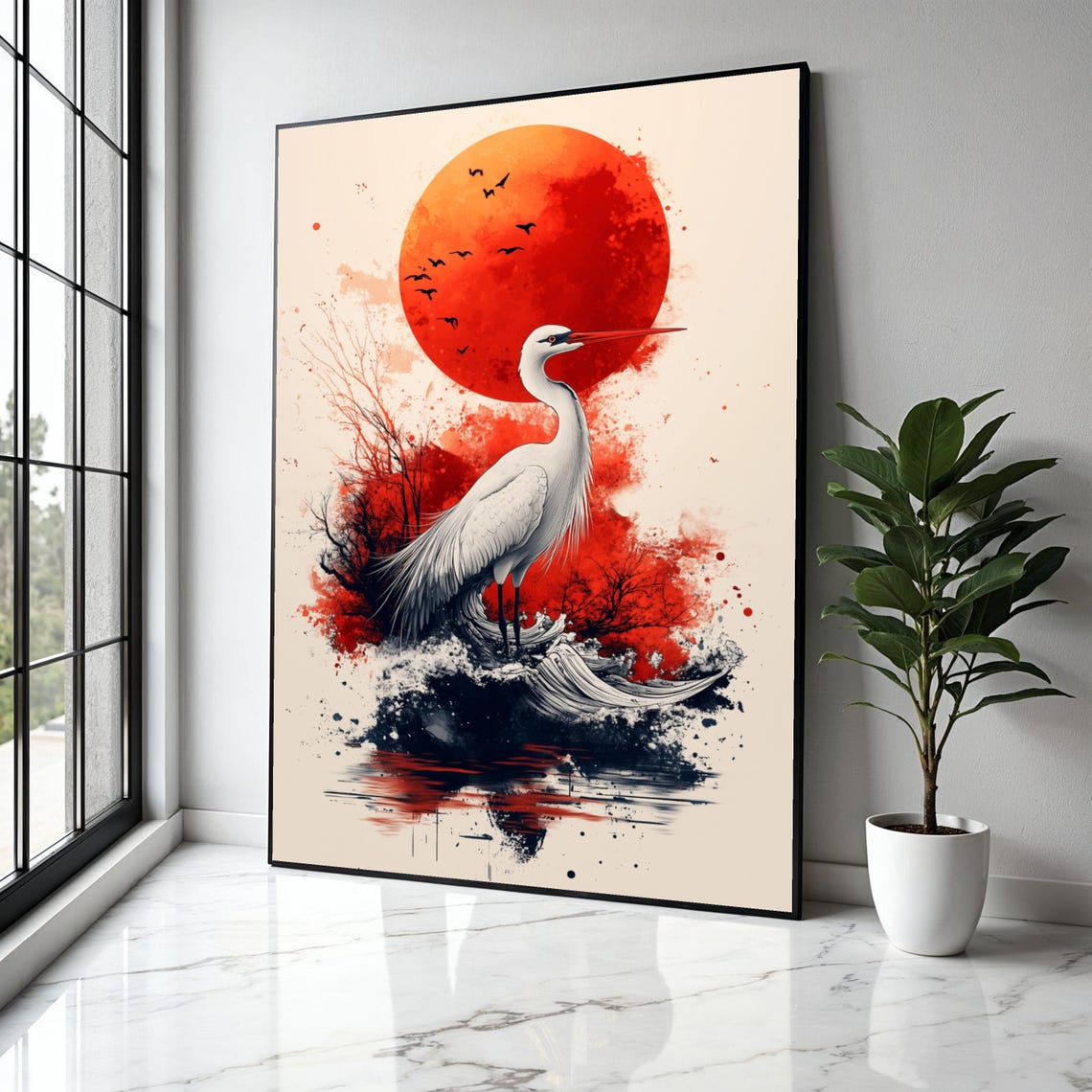 White Heron Red Sun Japanese Style Wildlife Bird Nature Poster