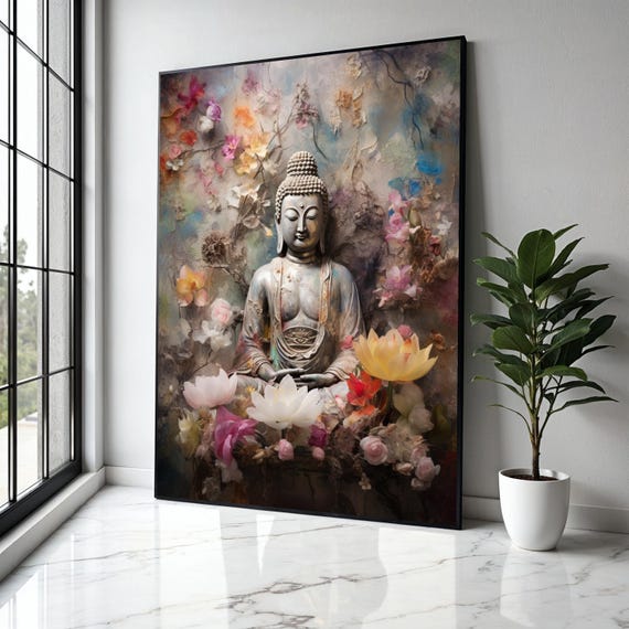 Tranquil Buddha Statue Canvas Zen Meditation Wall Art Floral Serenity Spiritual Home Decor Peaceful Gift Print