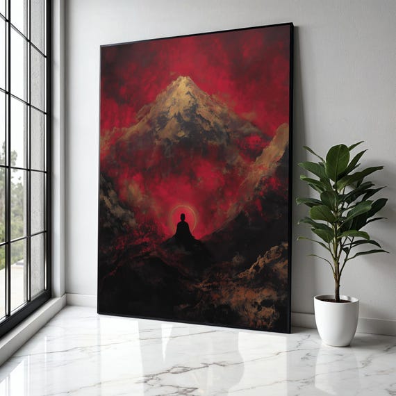 Meditative Silhouette With Mountain And Red Sky Canvas Zen Spiritual Wall Art Abstract Landscape Painting Gift Home Decor Print