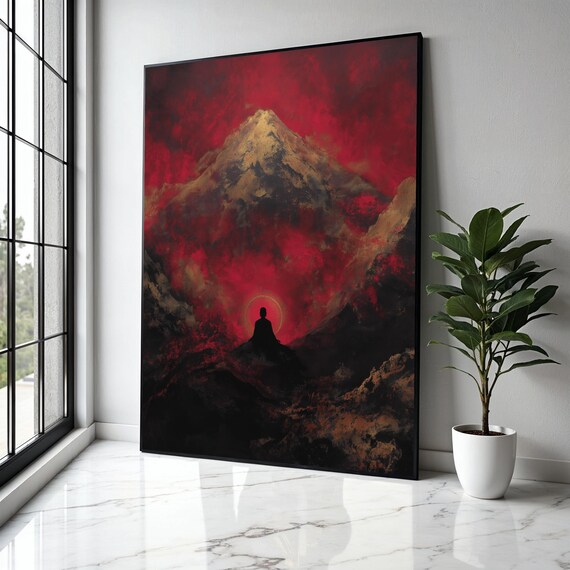 Meditator Silhouette Crimson Sky Golden Mountain Zen Art Poster