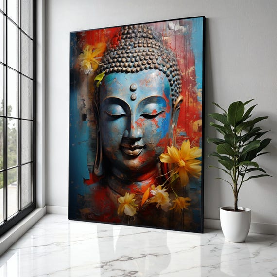 Serene Buddha Face Canvas Blue Red Abstract Wall Art Spiritual Decor Meditative Print Yellow Floral Gift Home