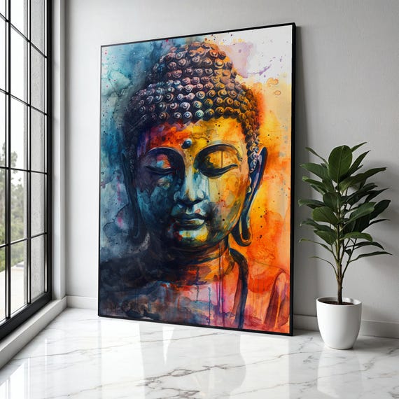 Vibrant Buddha Canvas Wall Art Abstract Meditation Portrait Spiritual Decor Colorful Watercolor Painting Zen Gift Home Print