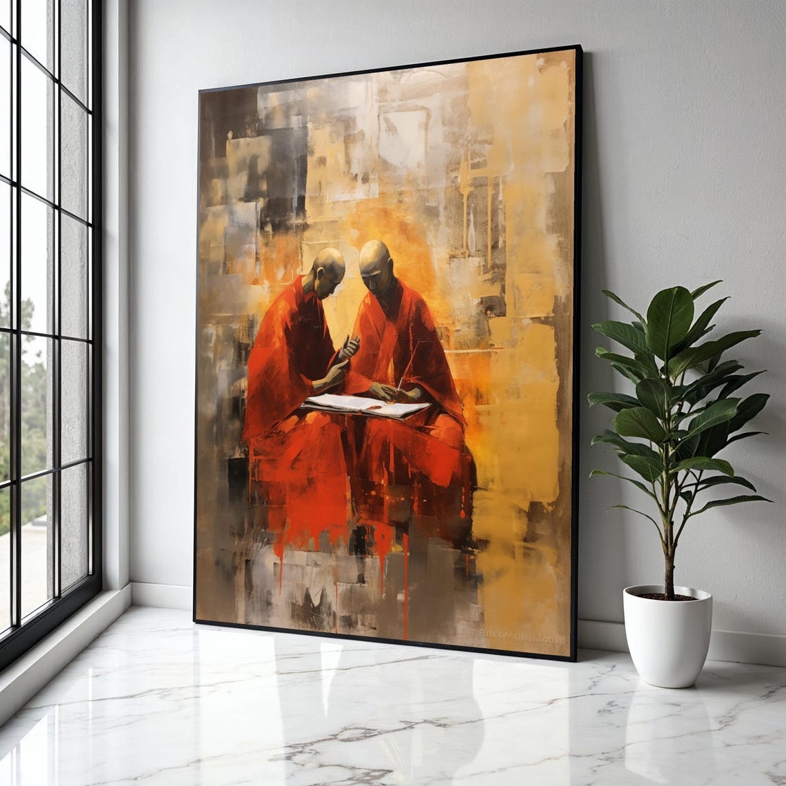 Two Monks Reading Red Robes Golden Abstract Buddhist Art Poster