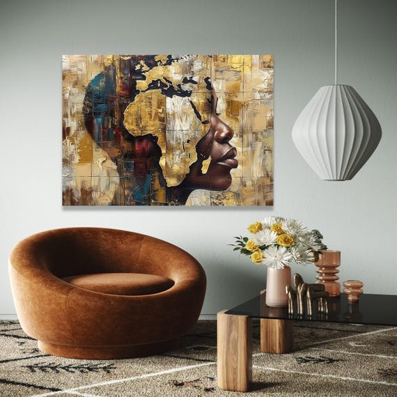 African Continent Silhouette Abstract Face Canvas Gold Wall Art Cultural Home Decor Modern Painting Gift Print