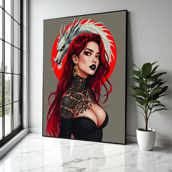 Fierce Redhaired Woman With Dragon Japanese Tattoo Art Canvas Bold Portrait Wall Contemporary Gift Home Decor Print