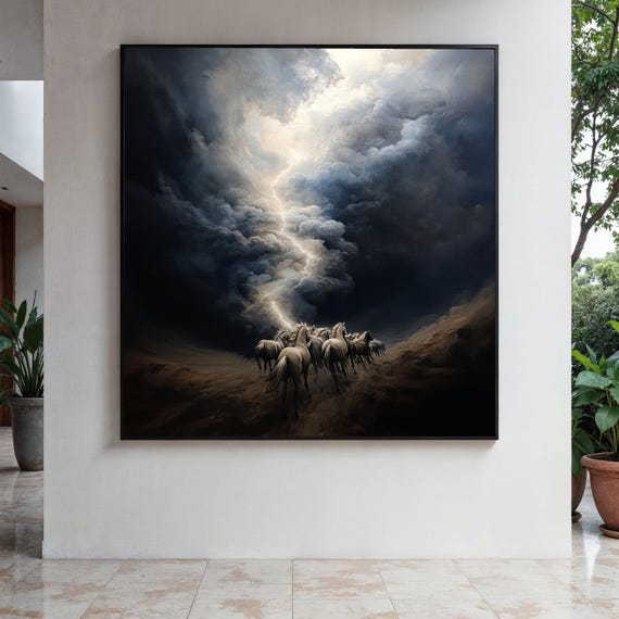 Majestic Wild Horses Running Thunderstorm Sky Canvas Dramatic Lightning Wall Art Nature Animal Scene Dark Gift Home Decor Print