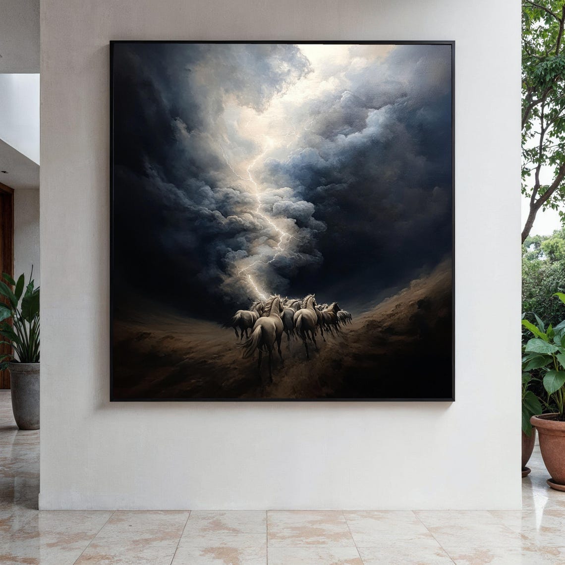 Wild White Horses Running Dramatic Storm Lightning Sky Painting Poster