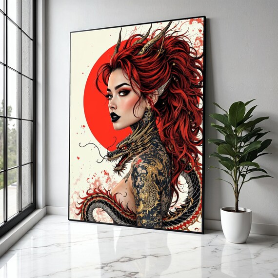 Fierce Redhaired Woman With Dragon Tattoo Asian Mythology Canvas Fantasy Art Portrait Gothic Wall Decor Gift Home Print
