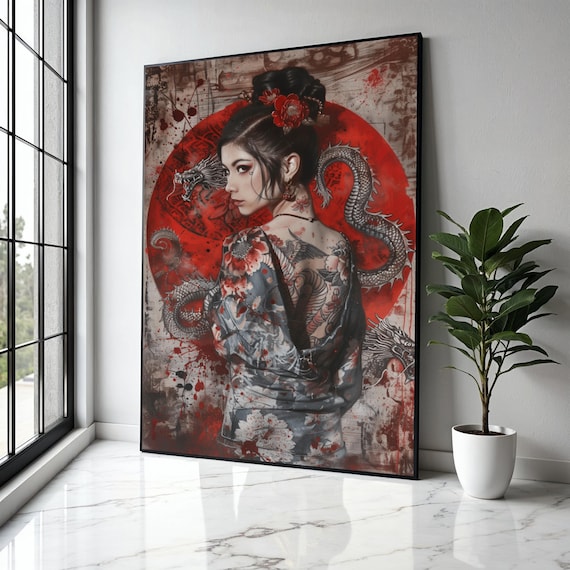 Japanese Geisha With Dragon Tattoo Canvas Asian Woman Portrait Wall Art Red Floral Kimono Design Oriental Gift Home Decor Print