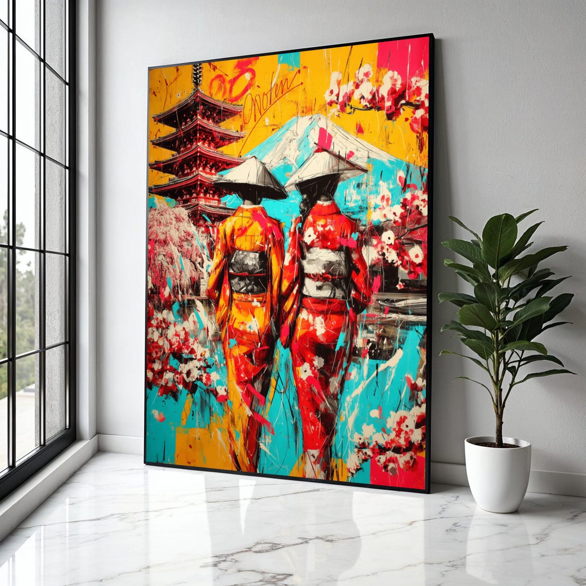 Two Geishas Kimono Mount Fuji Pagoda Colorful Japanese Pop Poster
