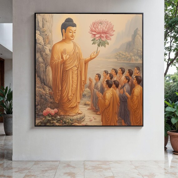 Buddha Holding Lotus Flower Sermon Before Disciples Golden Poster