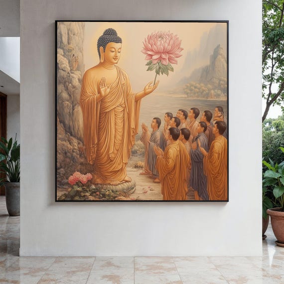 Buddha With Flower Spiritual Canvas Wall Art Meditation Scene Painting Buddhist Decor Serene Gift Home Print