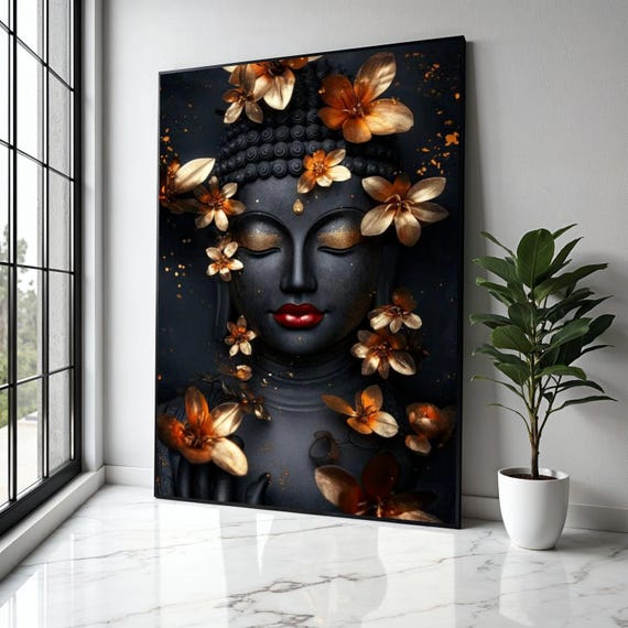 Elegant Buddha Face Canvas Wall Art Golden Flowers Decor Spiritual Meditation Zen Home Decoration Gift Print