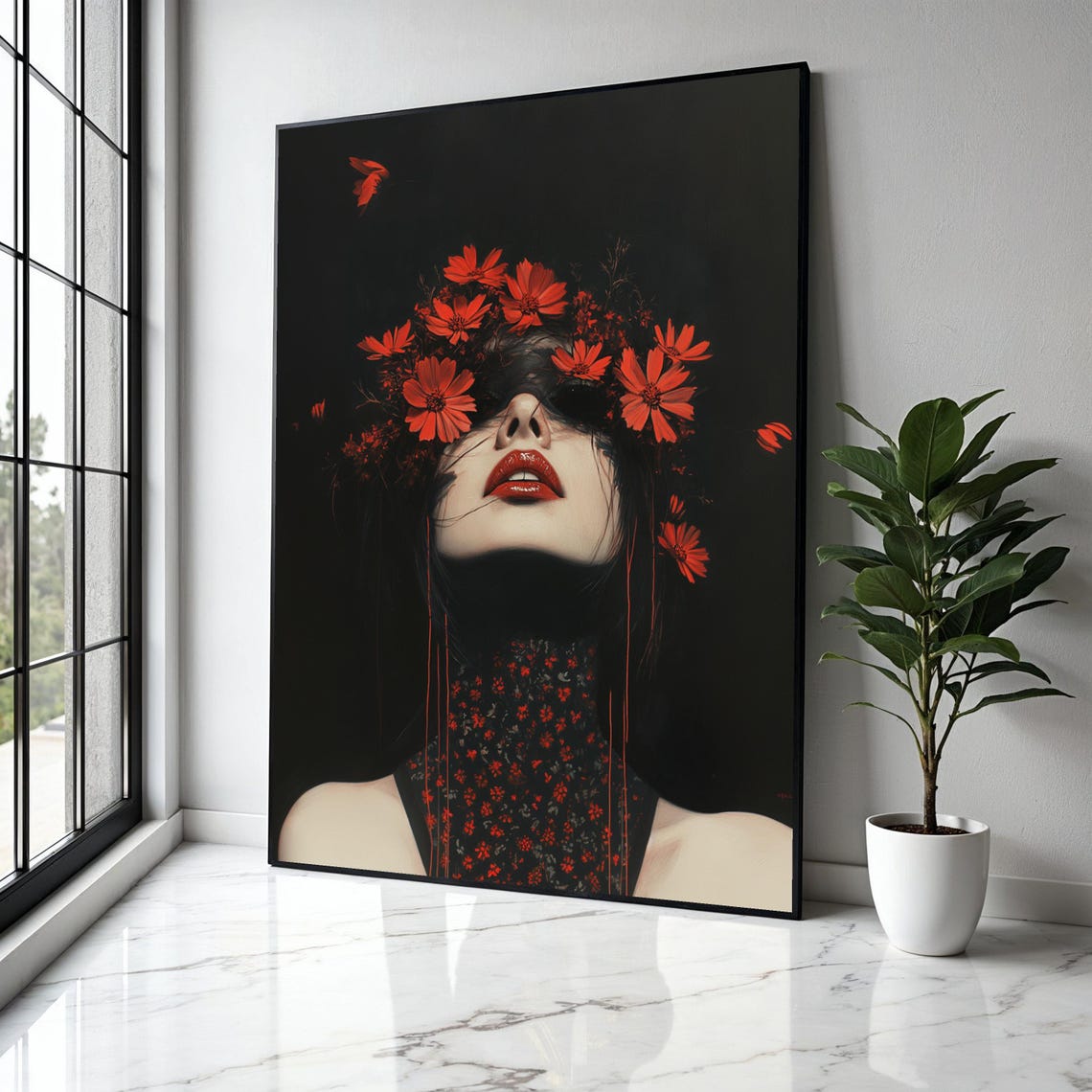 Woman Red Flower Crown Dark Gothic Floral Beauty Portrait Poster