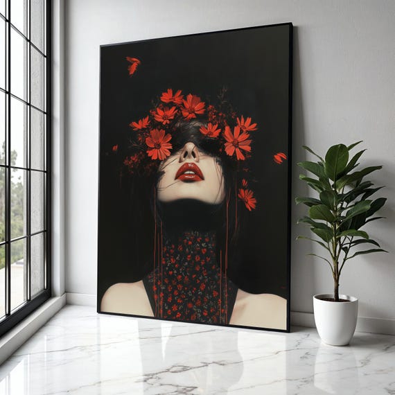 Dark Elegance Portrait Canvas Woman With Red Flowers Headpiece Modern Floral Wall Art Gothic Style Gift Home Decor Print