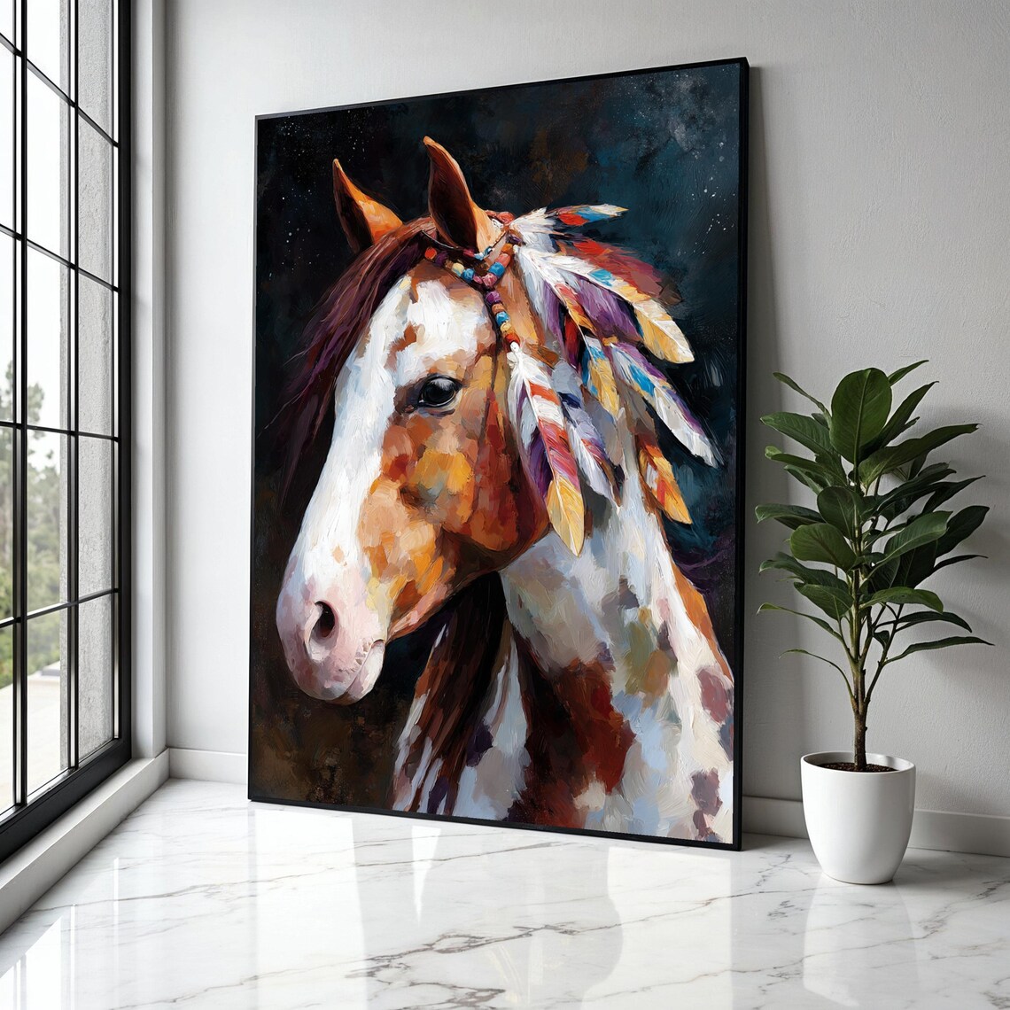 Painted Pinto Horse With Colorful Feather Headdress Boho Poster