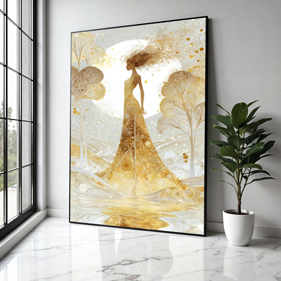 Golden Goddess Silhouette Moonlight Tree Ethereal Fantasy Art Poster