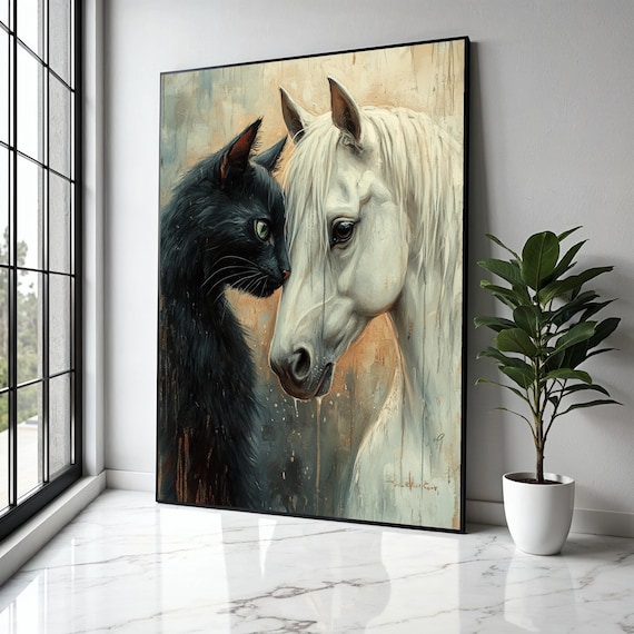 Black Cat Nuzzling White Horse Tender Animal Painting Poster