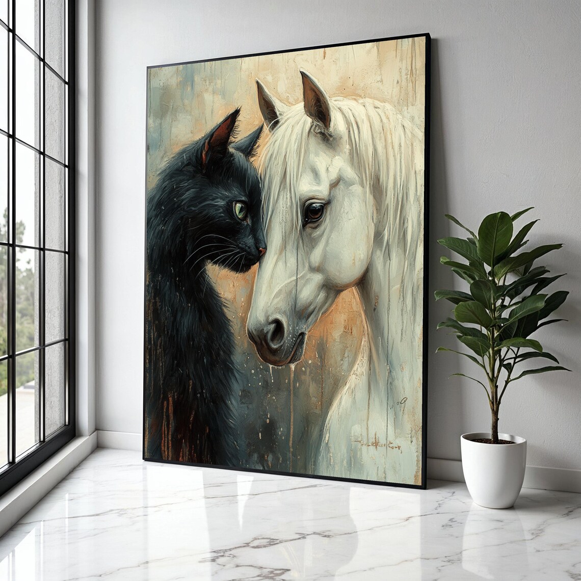 Black Cat Nuzzling White Horse Tender Animal Painting Poster