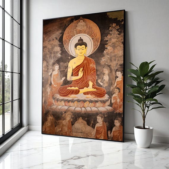 Meditating Buddha Canvas Wall Art Spiritual Buddhist Ancient Temple Mural Zen Home Decoration Peaceful Gift Decor Print