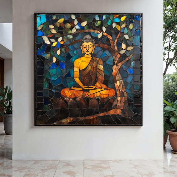 Buddha Stained Glass Tree Multicolor Mosaic Meditation Poster