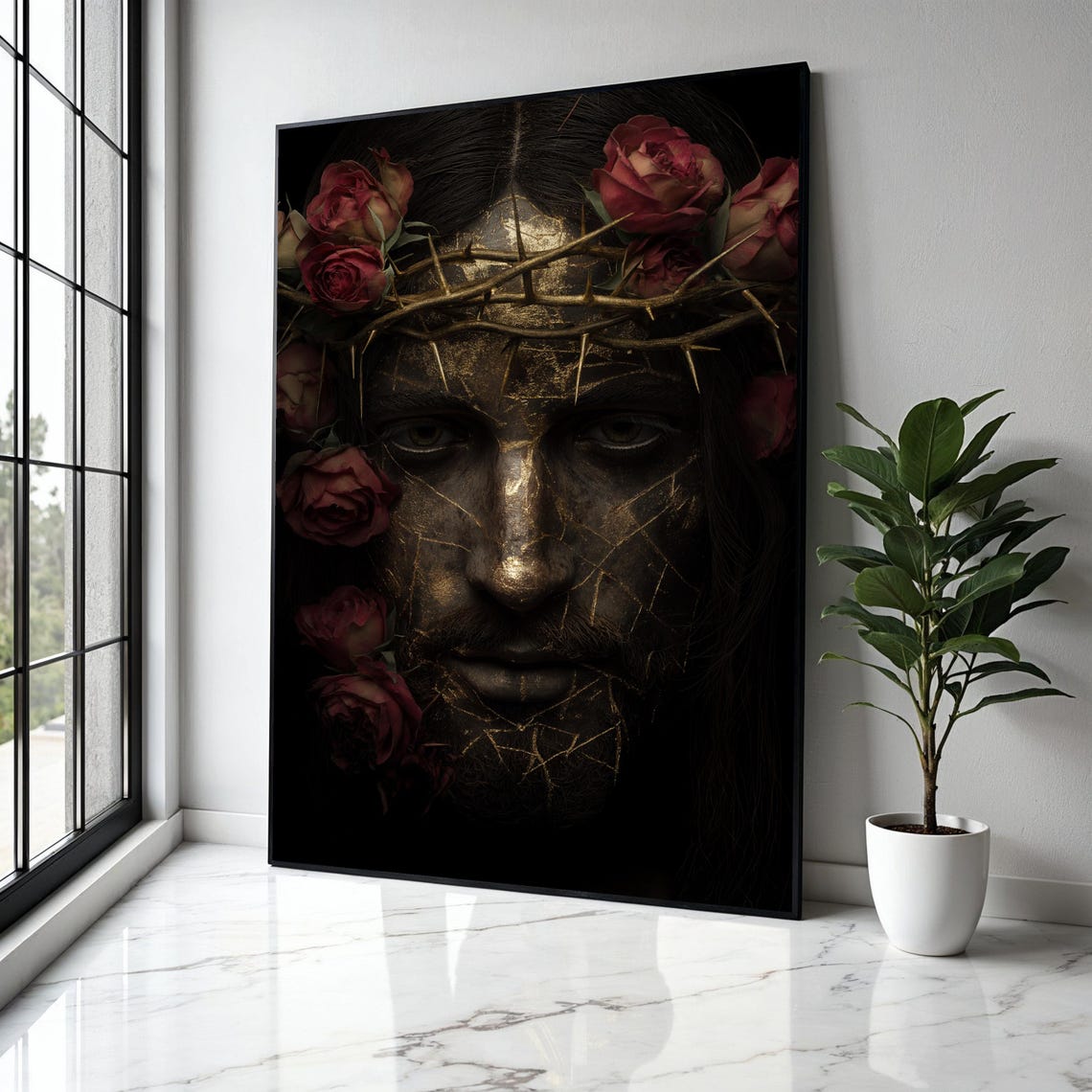 Cracked Golden Christ Face With Crown Of Thorns Roses Poster