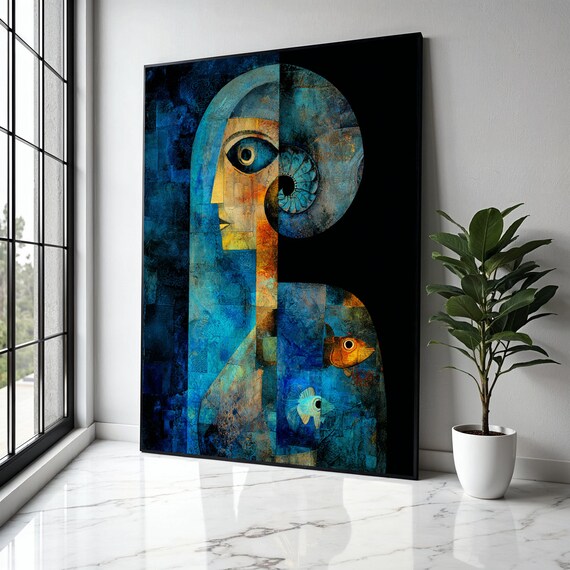 Abstract Blue Human Figure Canvas Geometric Art With Spiral Horn Fish Motif Wall Contemporary Gift Home Decor Print