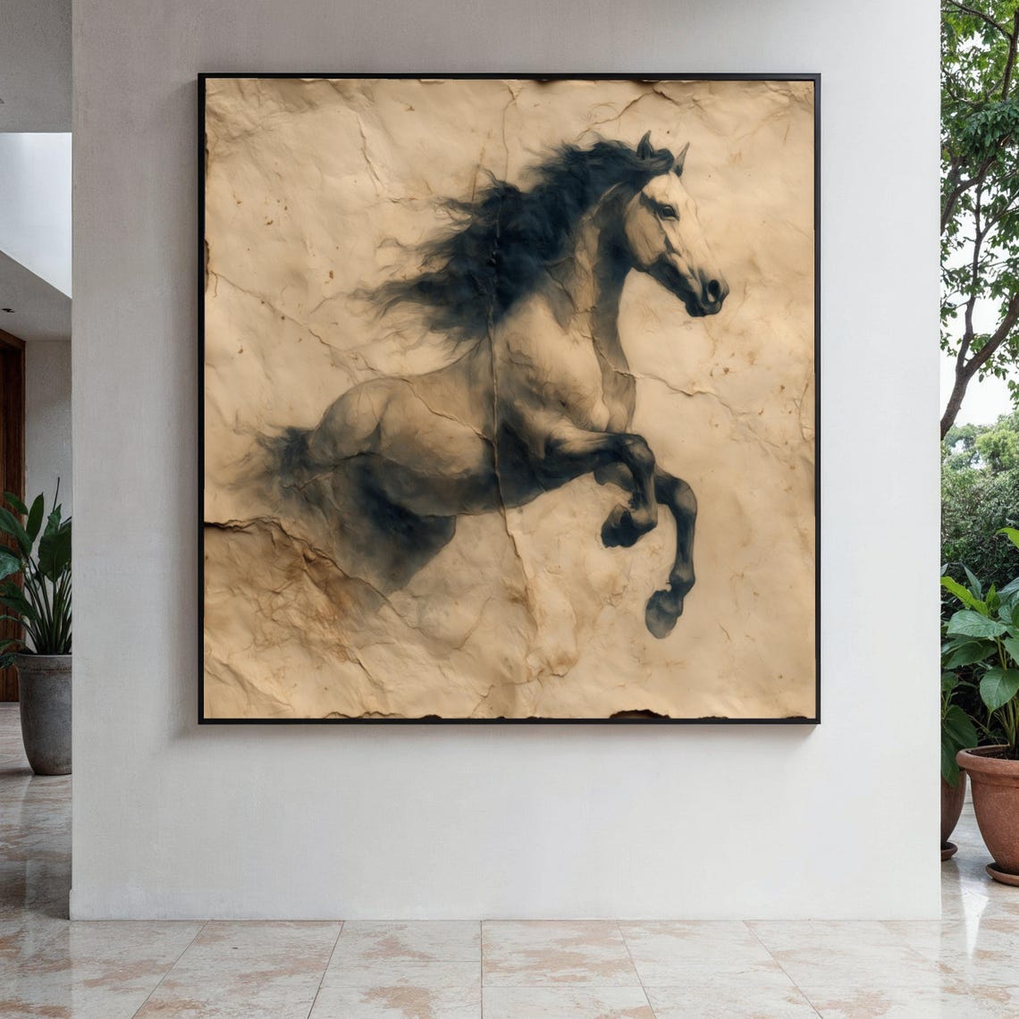 Galloping Black Horse Cracked Parchment Ink Wash Equestrian Art Poster
