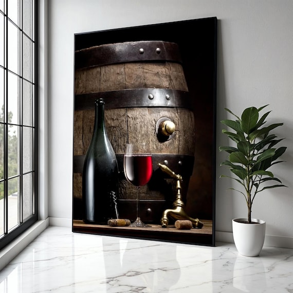 Rustic Wine Barrel Cellar Still Life With Bottle and Red Wine Glass Poster