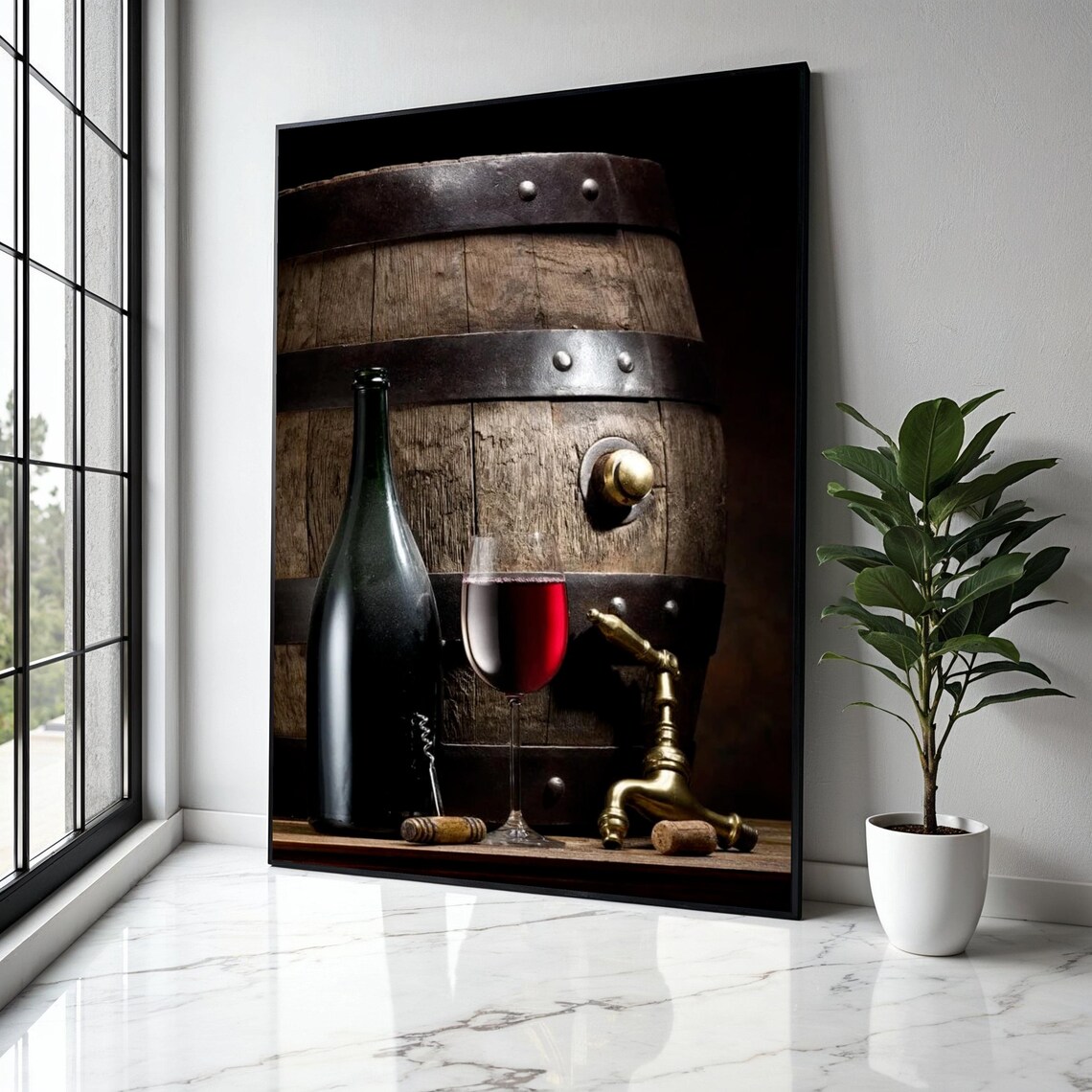 Rustic Wine Barrel Cellar Still Life With Bottle and Red Wine Glass Poster