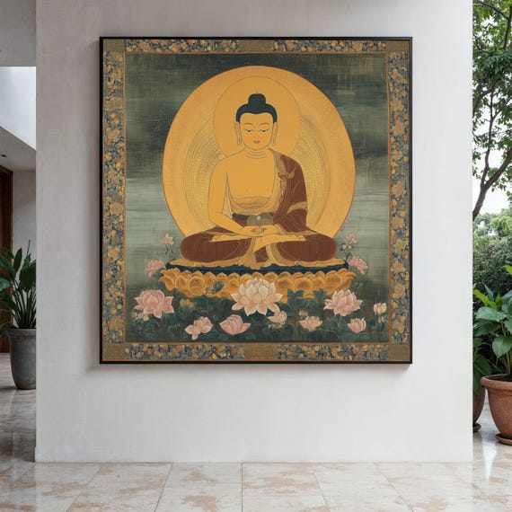 Meditating Buddha Canvas Wall Art Flower Spiritual Painting Zen Buddhist Decor Tranquil Home Gift Print