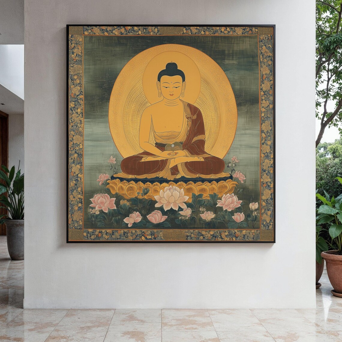 Thangka Style Buddha Golden Halo Lotus Flowers Sacred Zen Art Poster