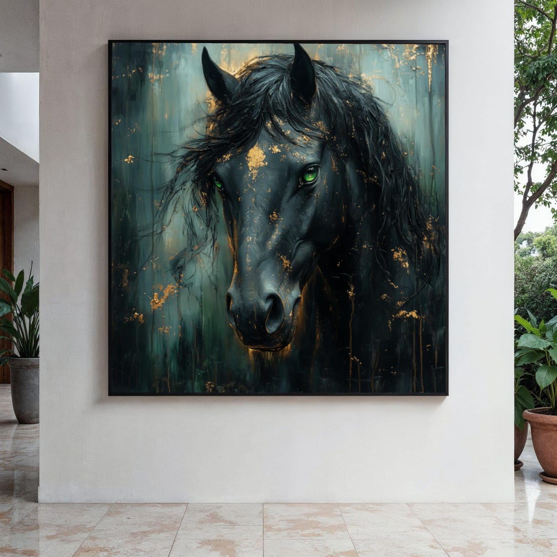 Black Horse With Green Eyes Gold Flecks Dramatic Equine Poster