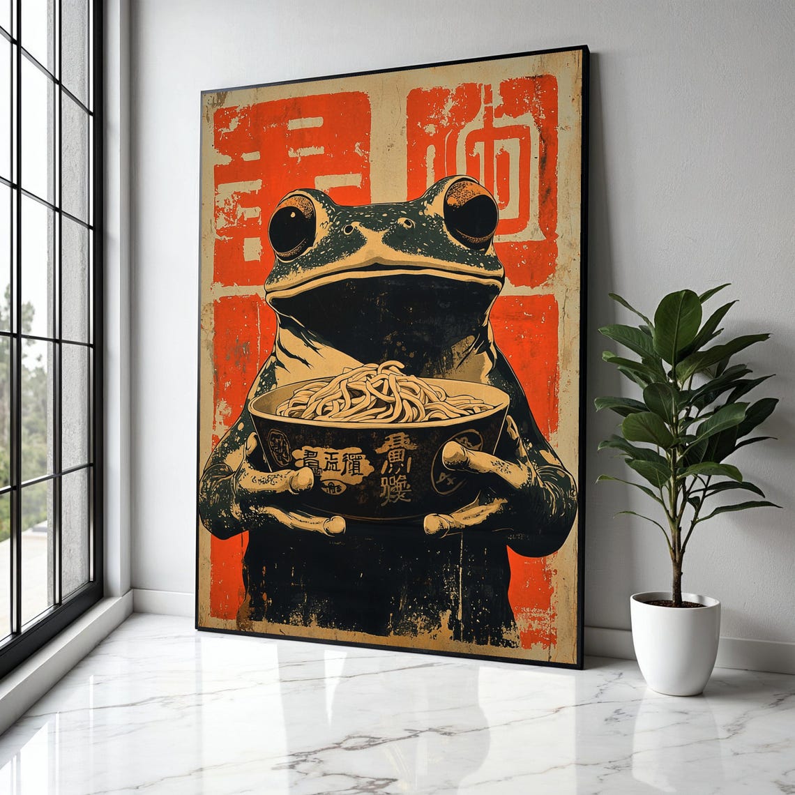 Vintage Japanese Frog Holding Ramen Bowl Retro Asian Art Poster