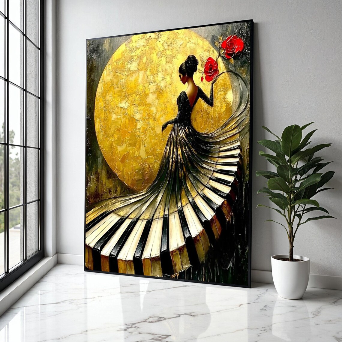 Woman in Piano Key Dress Golden Moon Red Roses Musical Art Poster