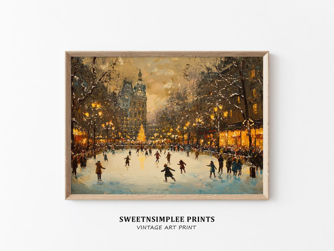 City Ice Skating Rink At Dusk Christmas Lights Impressionist Poster