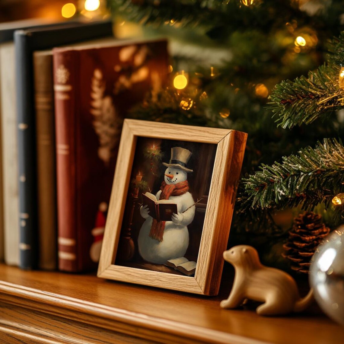 Vintage Snowman Reading Book by Candlelight Moody Christmas Poster - Image 3