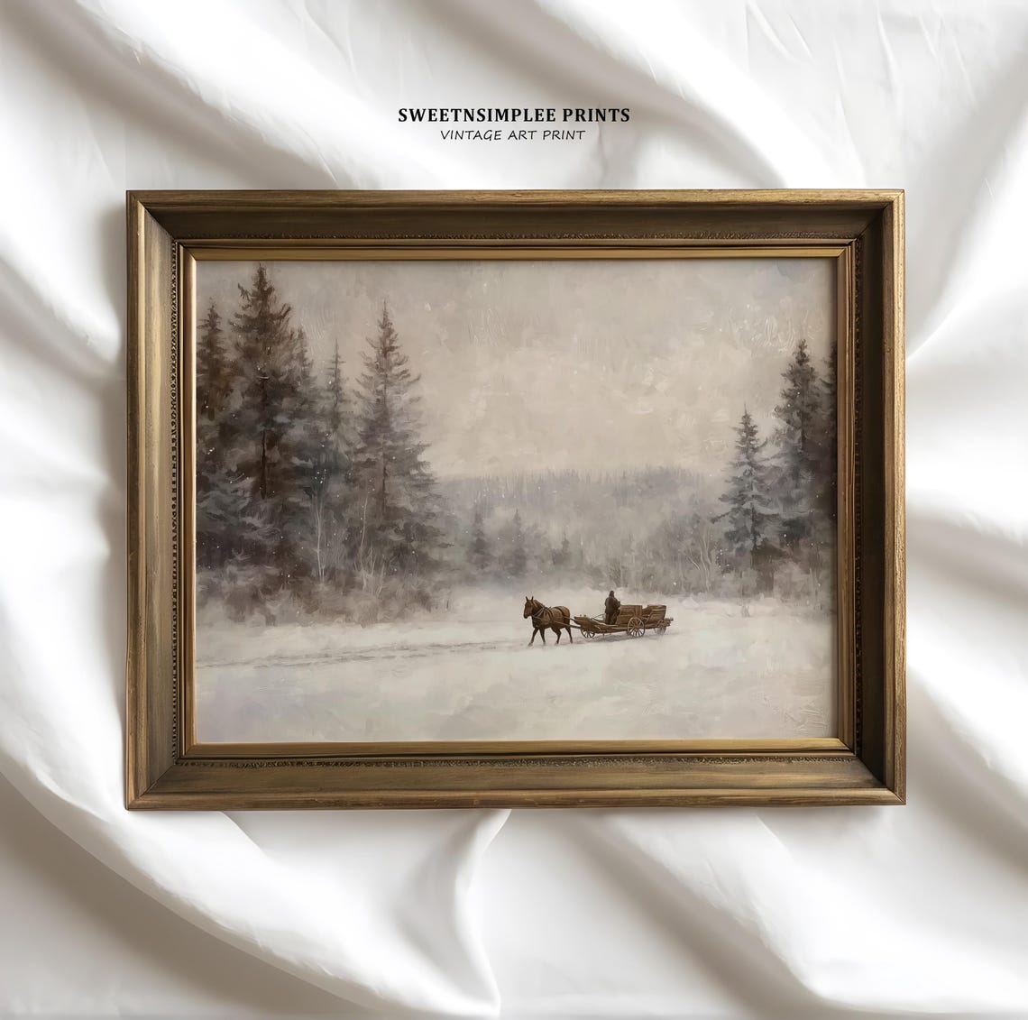 Snowy Winter Landscape Horse Drawn Sleigh Pine Forest Neutral Wall Art - Image 2