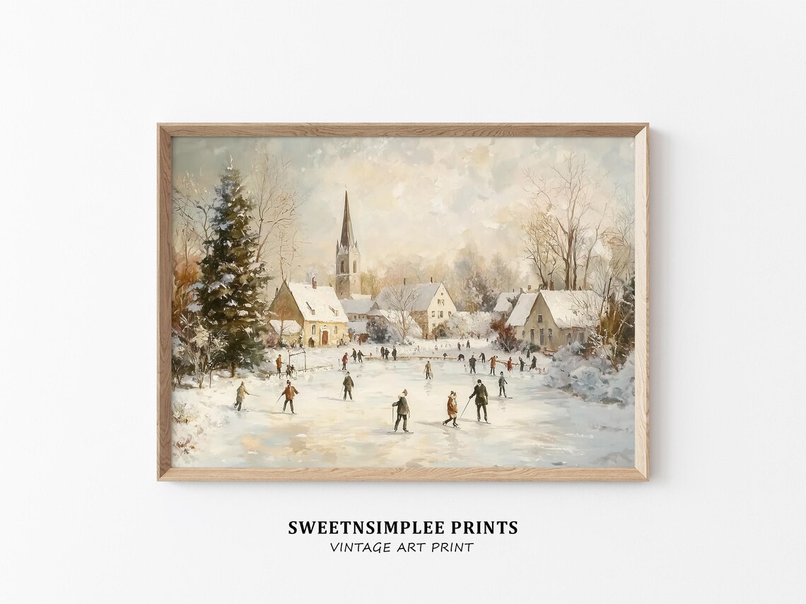 Vintage Winter Village Ice Skating Pond With Church Painting Poster