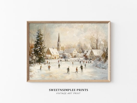 Vintage Winter Village Ice Skating Pond With Church Painting Poster