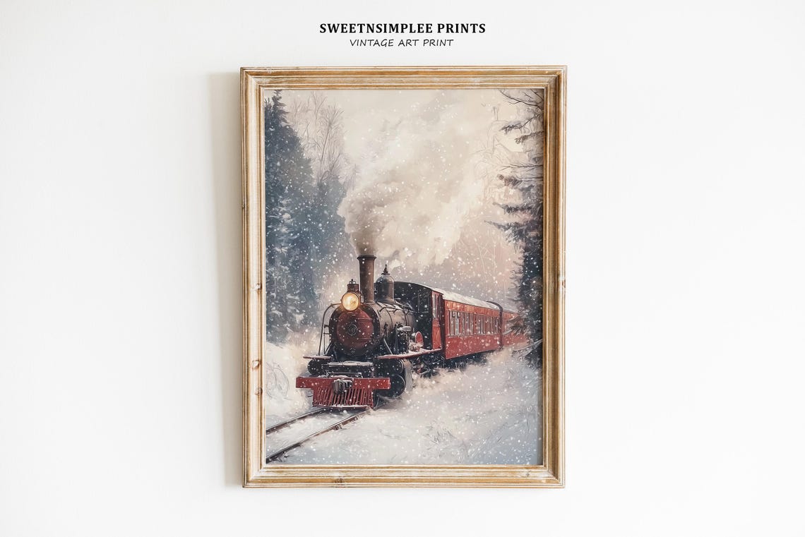 Vintage Red Steam Train Crossing Snowy Forest Winter Scene Poster