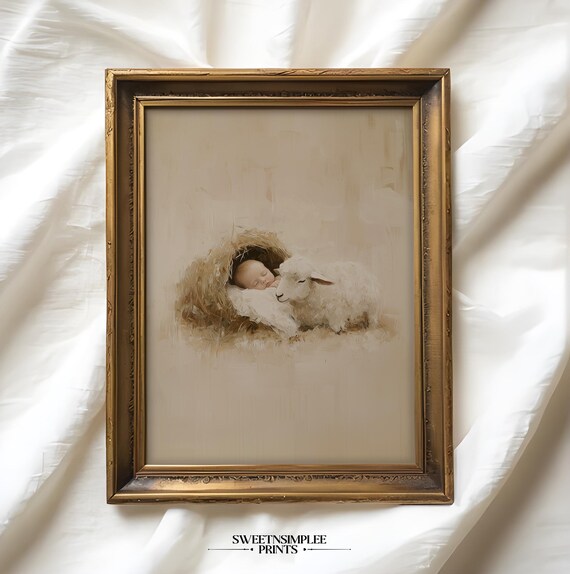 Christian Nativity Baby Jesus Sleeping With Lamb Oil Painting Poster