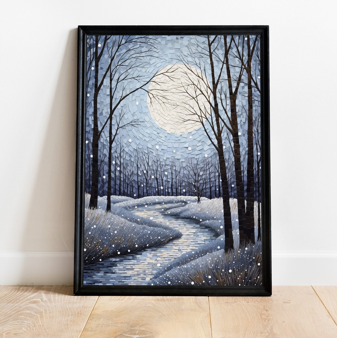 Snowy Winter Landscape Wall Art Moon And Snow In A Frozen River Glass Mosaic Style Winter Night Textured Illustration Art - Image 3